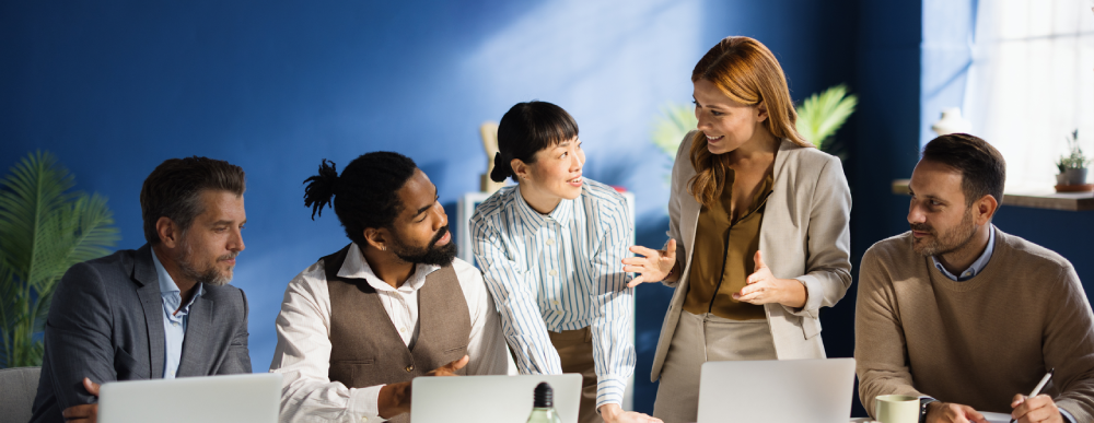 Office team having a collaborative discussion.